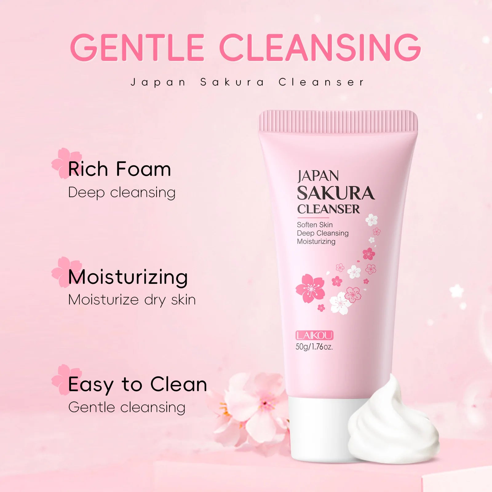 LAIKOU Sakura Facial Cleanser Foam Face Wash Remove Blackhead Moisturizing Shrink Pores Deep Cleaning Oil Control Skin Care 50g Oasis Select