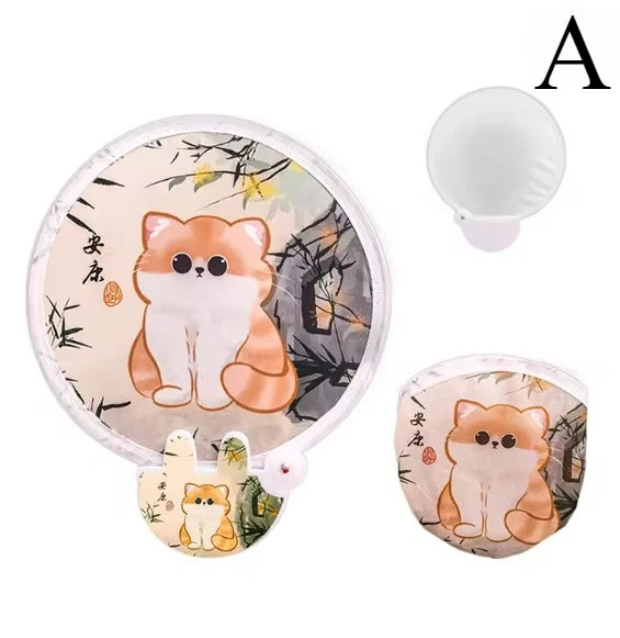 1Pc Cute Cat Folding Fan - Cat Design, 2-In-1 Cooling And Sun Protection, Portable Handheld with Storage Bag, Summer Accessory Oasis Select A