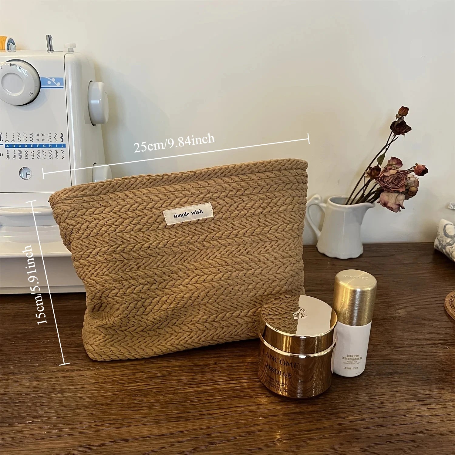 Rice Grain Pattern Woven Fabric Handbag, Women'S Travel Cosmetic Storage Organizer, Makeup Pouch, Zipper Closure, Toiletry Bag Oasis Select