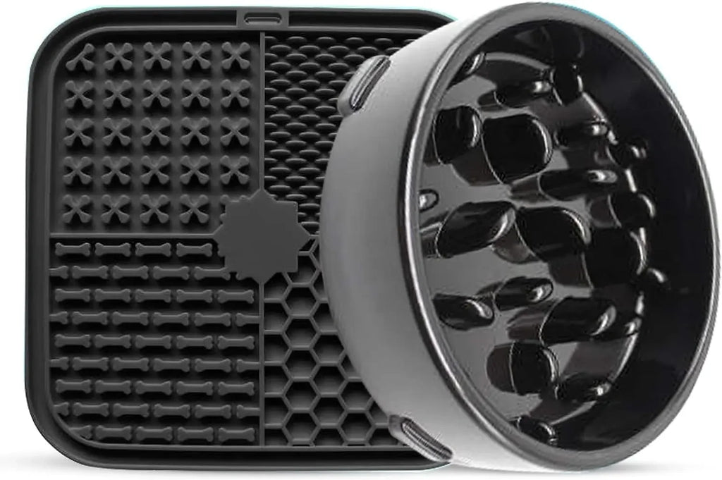 Slow Feeder and Lick Mat Bundle, Slow Feeder Dog Bowls BPA Free Food Safe Materials PVC Lead & Phthalate-Free Lick mat for Dogs Oasis Select black