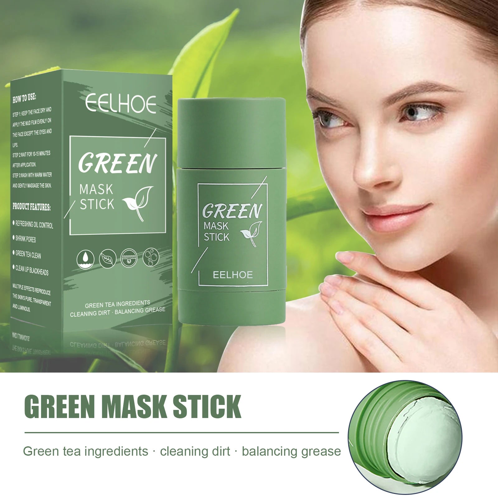 Eelhoe Green Tea Solid Face Mask – Pore Minimizer & Blackhead Clay Face Mask Stick Oasis Select