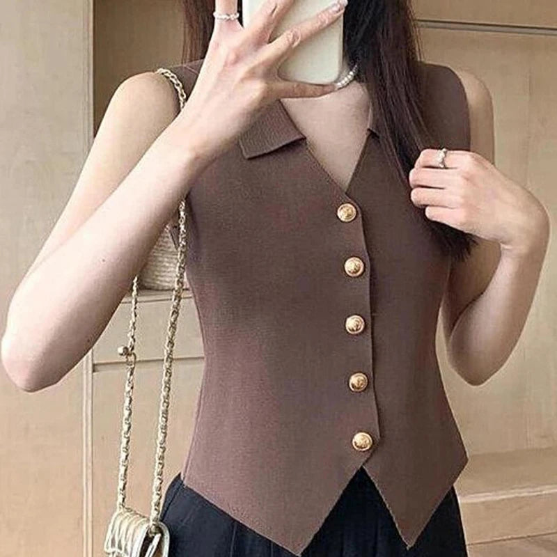 Mock Neck Sleeveless Knit Top for Women Summer Slim Fit Gray Layering Undershirt Casual Korean Style Basic Tank Top Oasis Select Coffee One Size