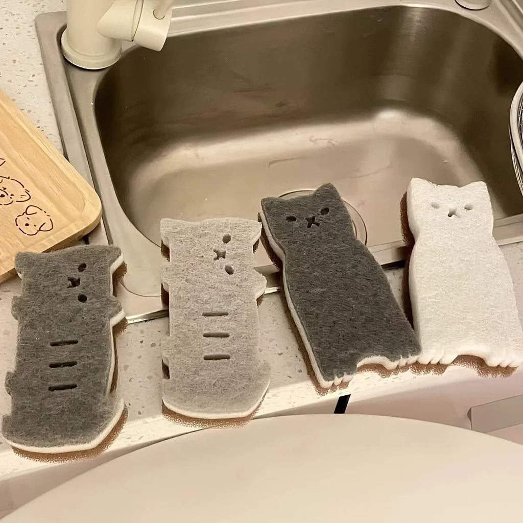 4-piece cute cat shaped kitchen sponge - three-layer design, used for washing dishes and cleaning - essential kitchen tools Oasis Select