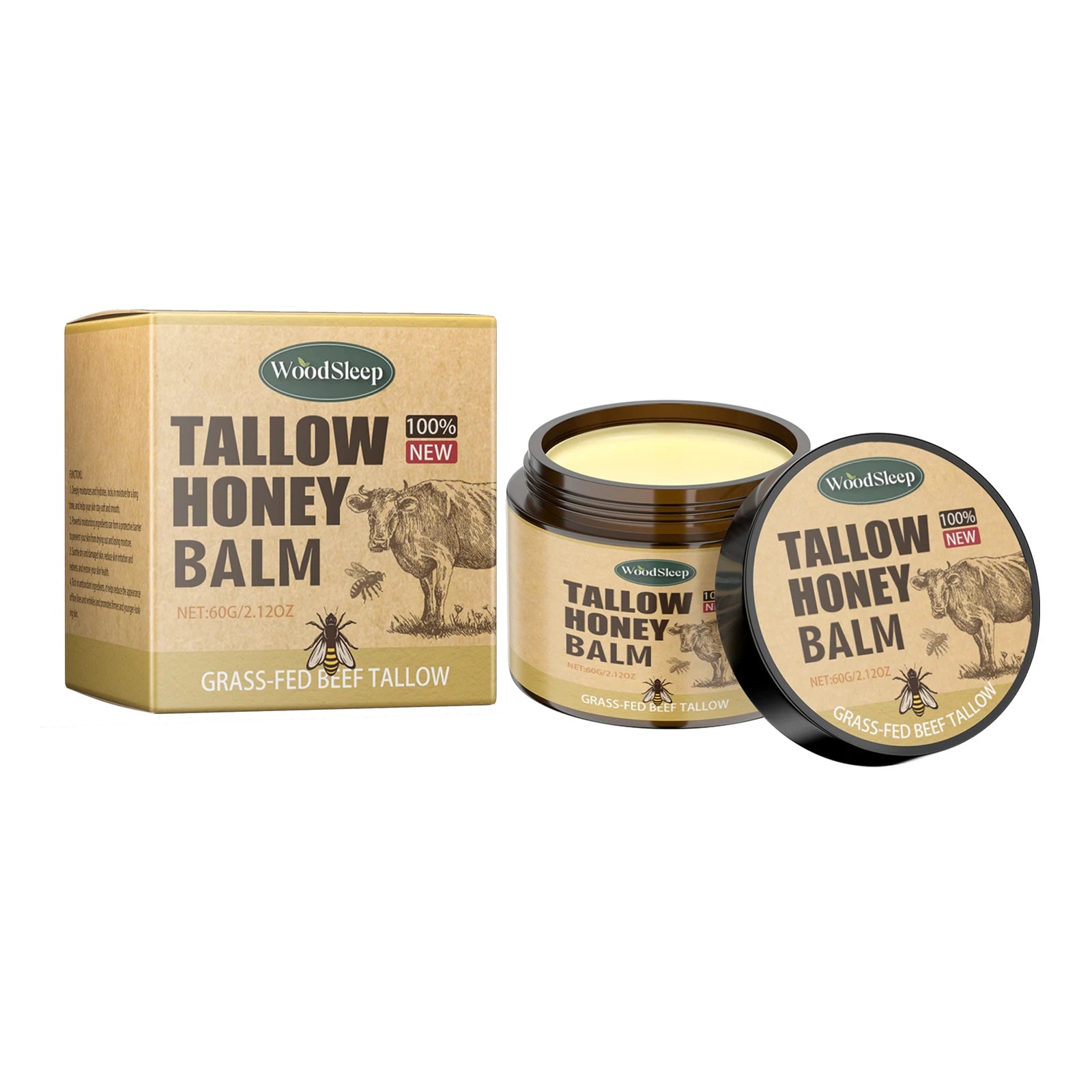 Beef Tallow Honey Balm Moisturizing Hydrating Face Cream Body Lotion Fades Fine Lines Tighten Soothen Brightening Facial Skin Oasis Select 60g Boxed