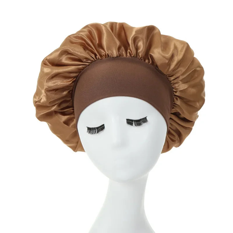 1pc Night Sleep Caps with Wide Elastic Band, Silk Wrap, Soft Head Cover Sleeping Hat for Women and Girls Curly Hair Oasis Select Gold