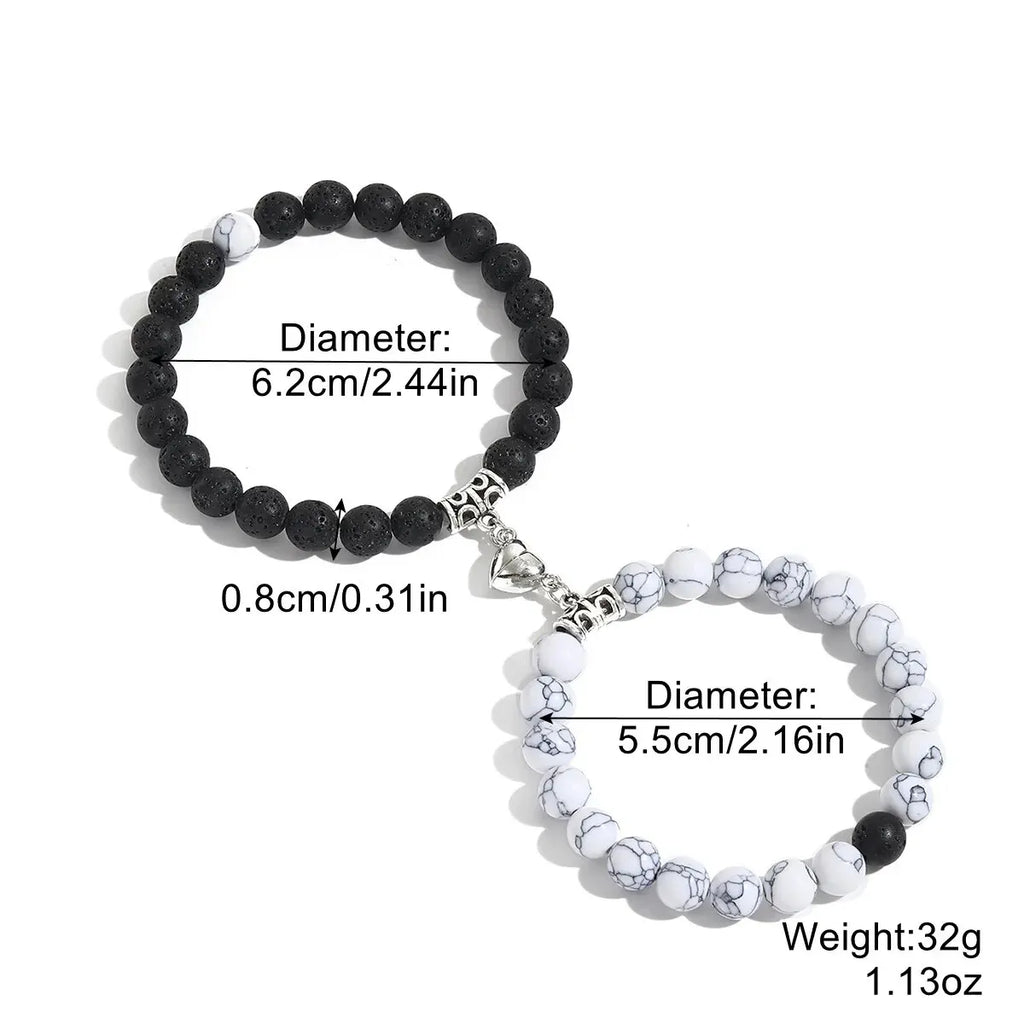 Natural Stone Bead Couple Bracelets Set – Heart Magnet, 2 Pcs