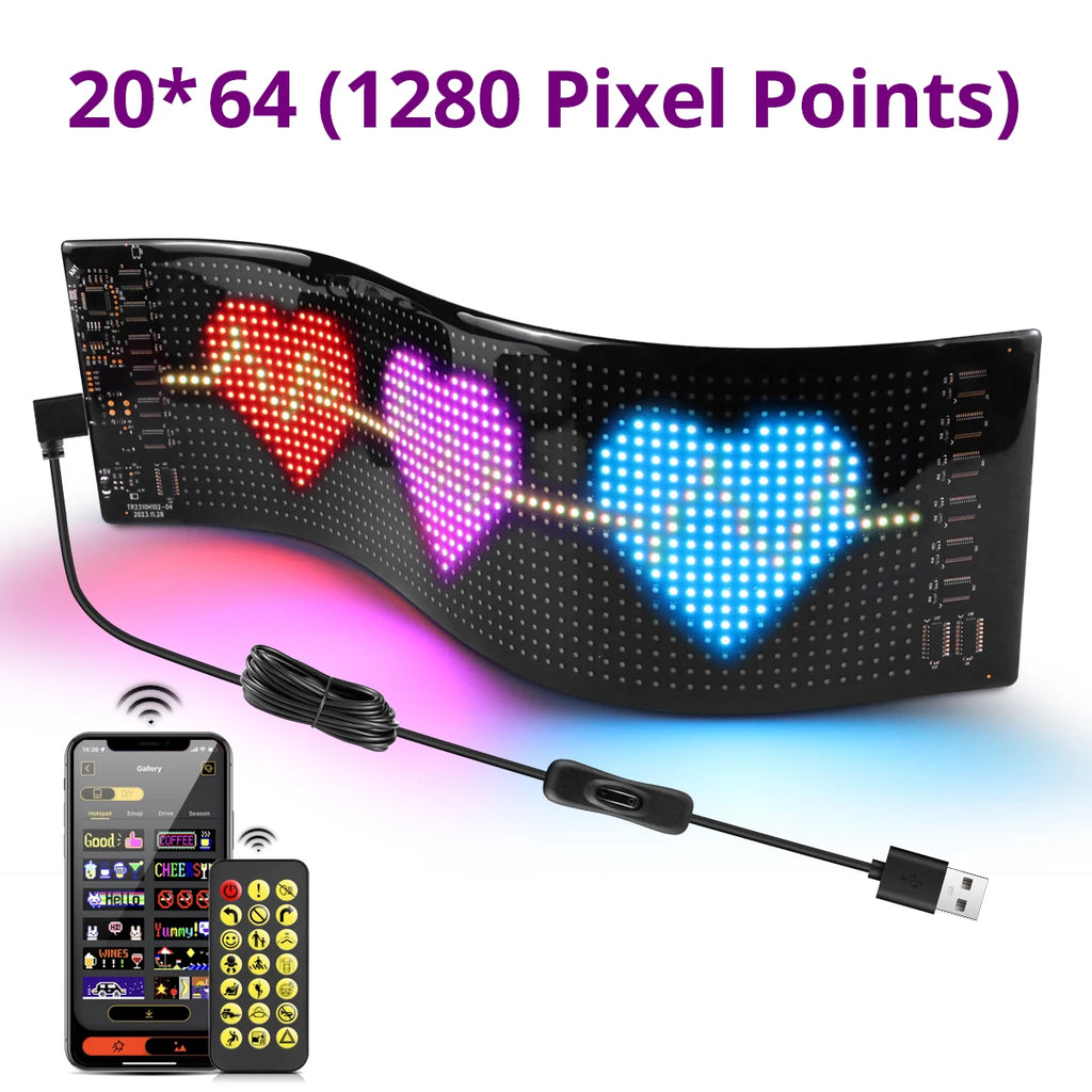 Flexible Car Devil's Eye Display Screen Graffiti Scrolling Animation Shop Reminder Light Big Truck Light Matrix Pixel Panel USB Oasis Select 10x35CM 20x64 LEDs