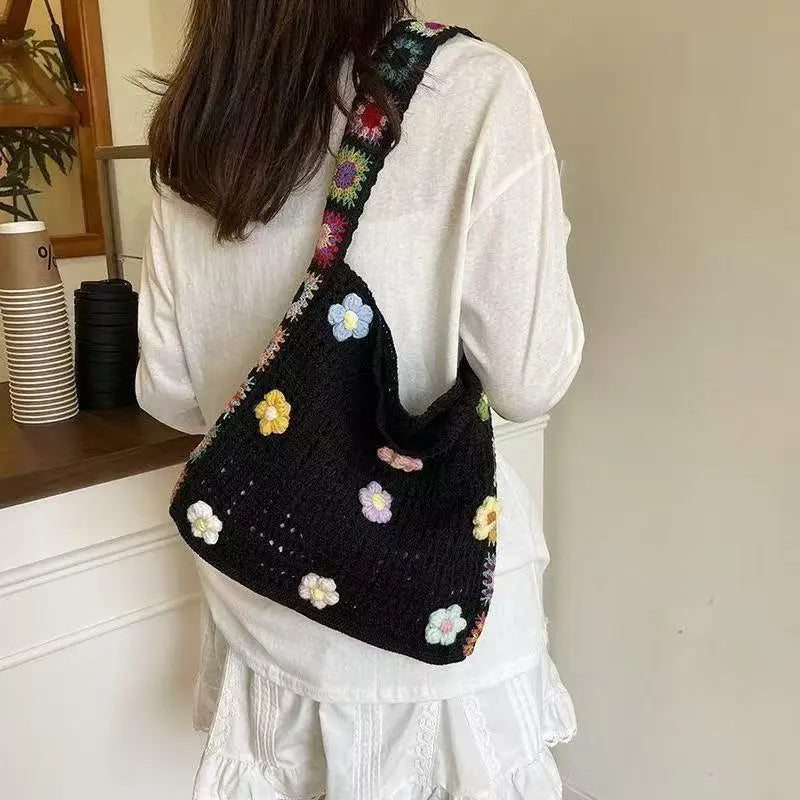 Women's Crochet Bag Designer Flowers Knitted Handbags Large Capacity Summer Beach Woven Shoulder Bag Girls Tote Shopper Bag Oasis Select