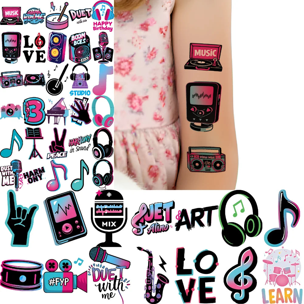 63-Pack Music Cartoon Temporary Tattoos – Waterproof Stickers Temporary Tattoo Set Oasis Select
