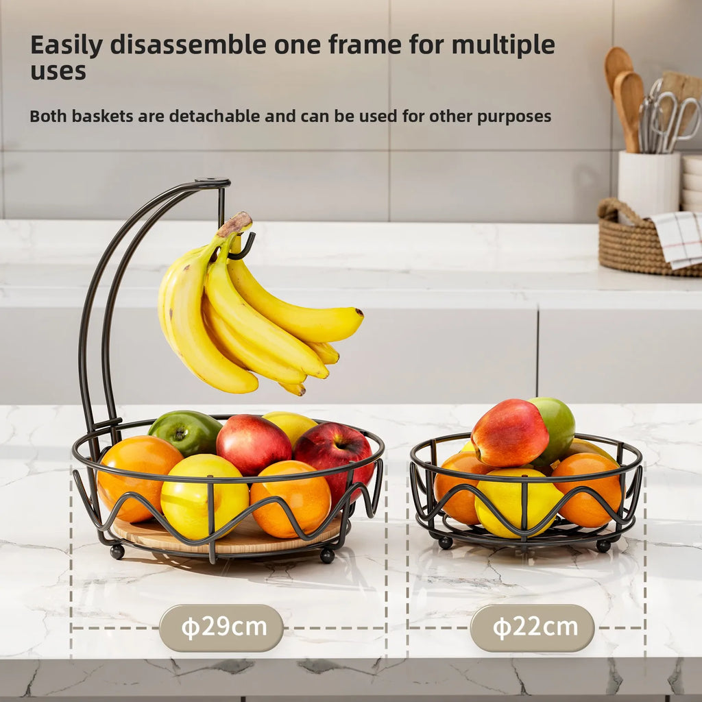 Wrought iron fruit basket wooden bottom snack storage fruit plate banana hook round removable fruit and vegetable storage basket Oasis Select