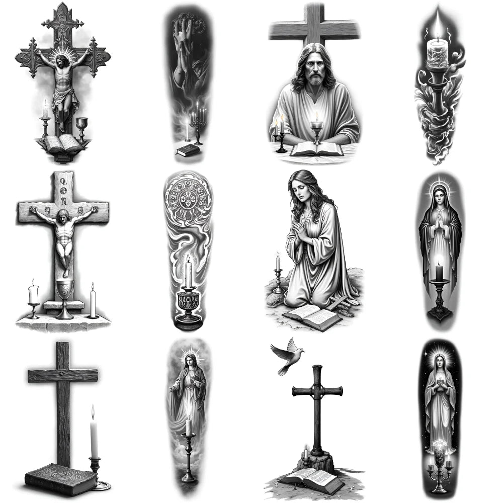12pcs Spiritual Temporary Tattoos – Dove, Cross & Praying Woman