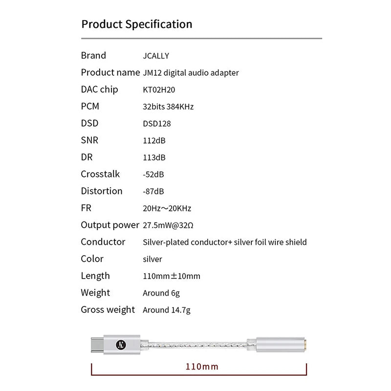 JCALLY JM12 Digital Audio Adapter DAC Chip KT02H20 Hi-Fi Audio Decoder Type-C to 3.5mm Earphone Amplifier 32bits/384KH DSD128 Oasis Select