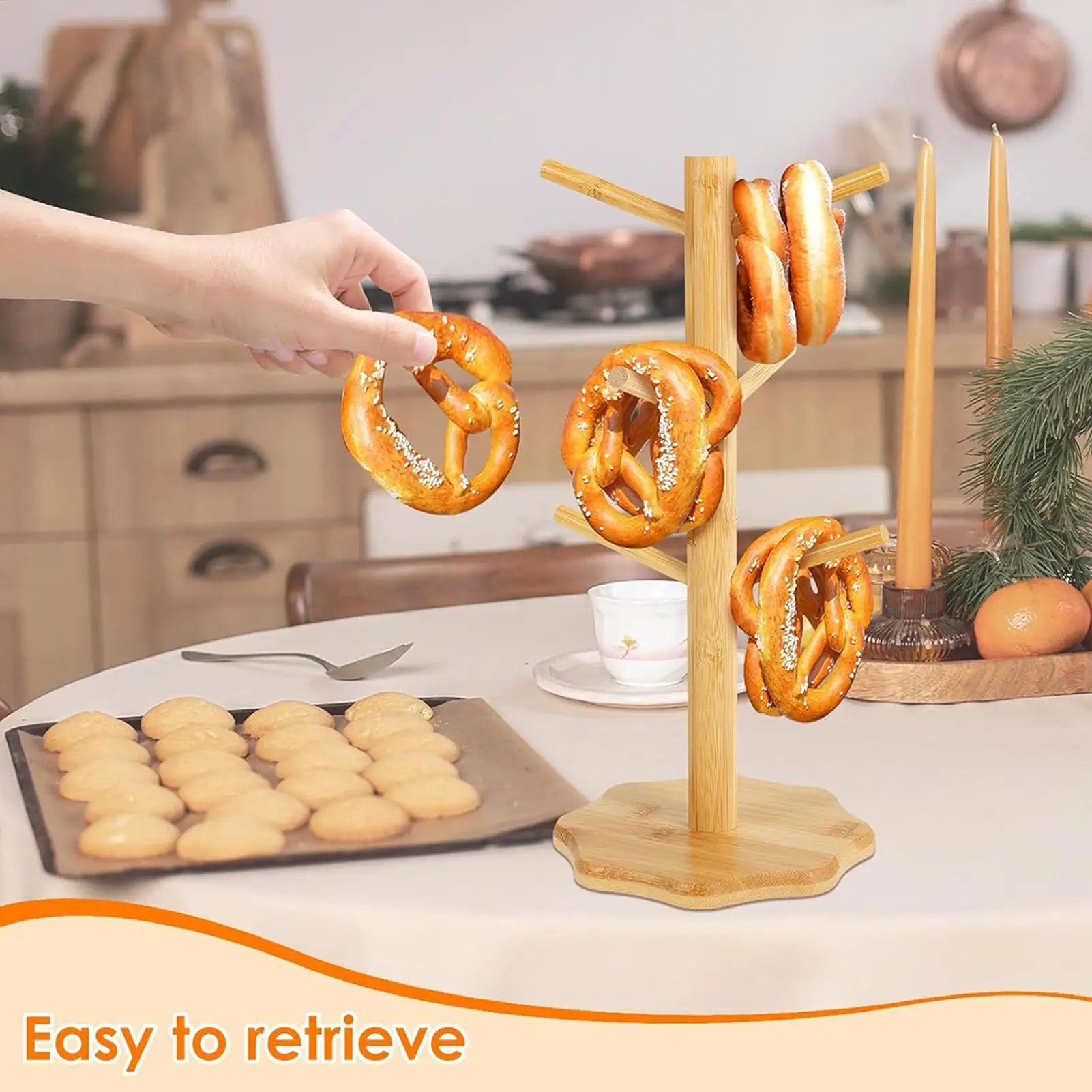 Wooden Tree Pretzel Holder Stand – Bamboo Sausage Display Rack