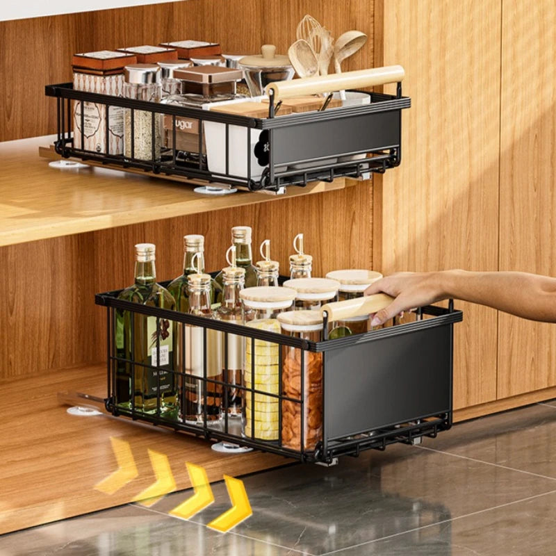 Kitchen Lower Sink Shelf Drawer Pull Basket Snack Storage Basket Striped Foldable Cabinet Pull-up Shelf Oasis Select