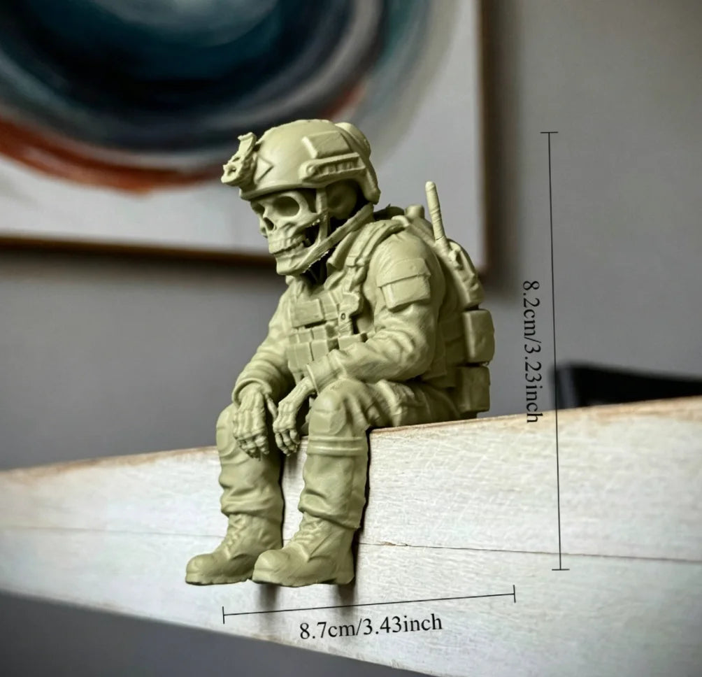 Sitting Tactical Skull Soldier Cool Ornament Home Office Military Skull Soldier Figurine Whimsical Seated Warrior Ornament Decor Oasis Select Soldier green
