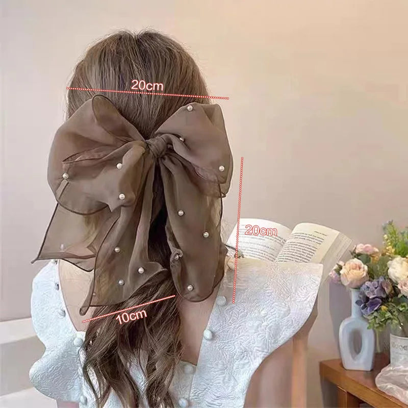 Fashion Ribbon Pearl Bow Hair Clips For Women Elegant Chiffon Bowknot Ponytail Clip Pin Bows Barrette Sweet Headwear Accessories Oasis Select Coffee