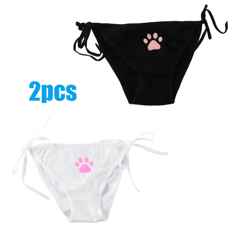 1/2/3/4pcs Women Sexy Sweet Cat Claw Briefs Low Waist Bowknot Bandage Lingerie Strings Strap Underwear Ladies Breathable Panties Oasis Select 2pcs mix 1 One Size as show