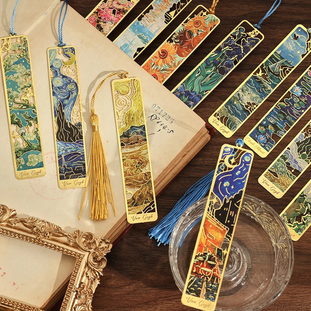 12 pcs Vintage Painting Metal Bookmark Hollow Long Tassel Bookmark Students Reading Tool For Book Lovers Friends Office School Oasis Select