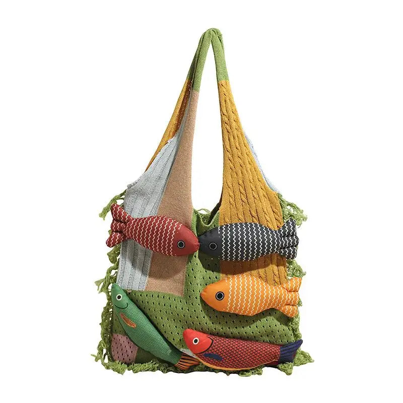 Tassel Knit Fish Tote Bag – Cute Casual Shoulder Handbag