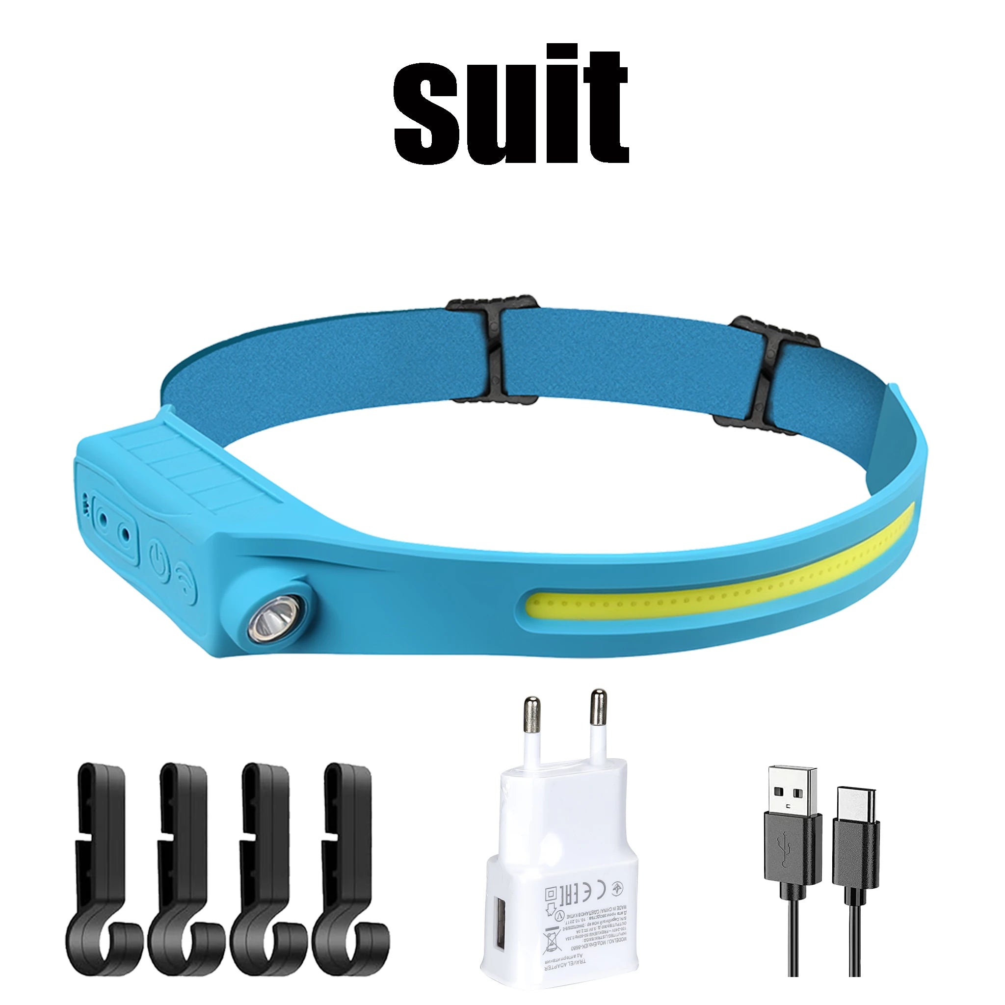Powerful COB LED Sensor Headlamp USB Rechargeable Headlight Head Torch Work Light Head Flashlight for Fishing Lantern Camping Oasis Select Blue suit