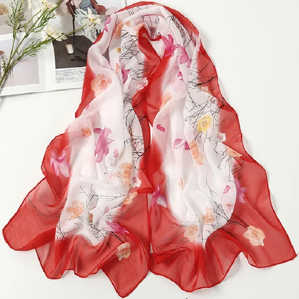 Elegant 160*50cm Chiffon Scarf Sunscreen Gradient Shawl Silk Flower Print Washable Beach Gauze Scarf for Women Oasis Select 20