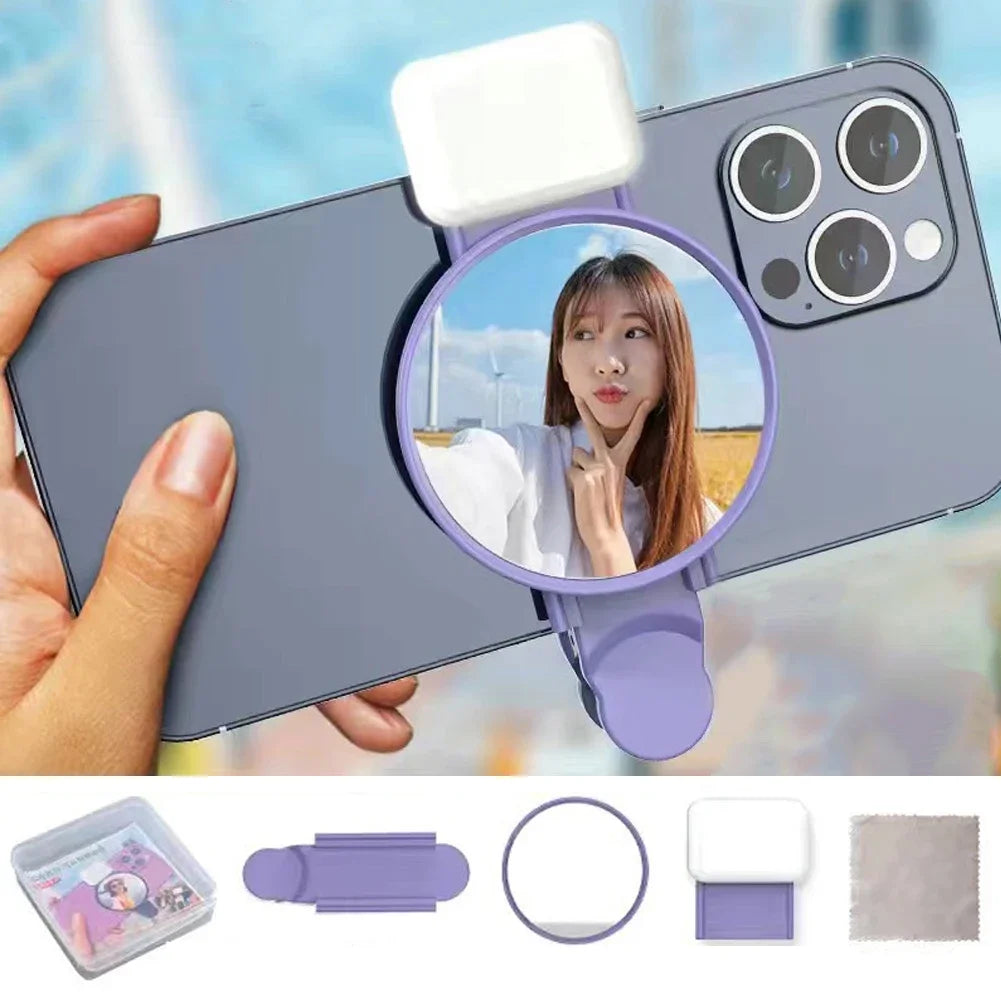 Clip-On Selfie Ring Mirror with Fill Light for Smartphone