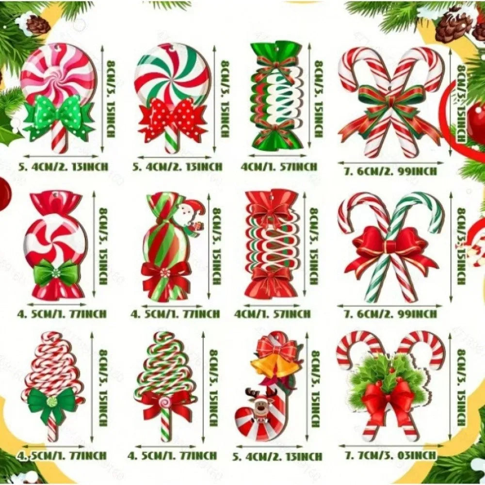 Wooden Candy Cane Christmas Ornaments 12/24 Pcs | DIY Hanging