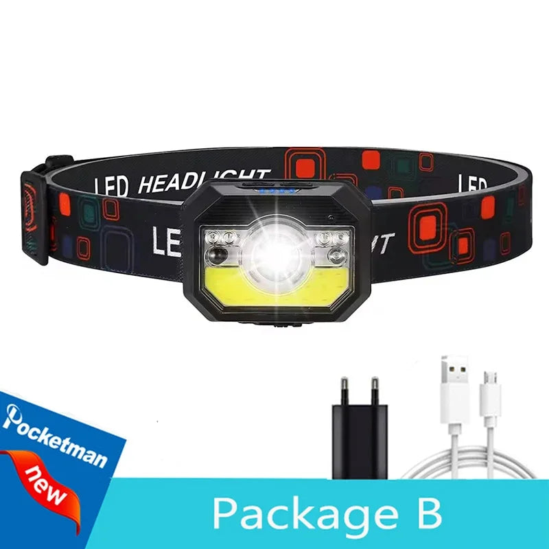 IR Motion Sensor LED Headlamp Super Bright USB Rechargeable Headlight Outdoor Emergency Light Night Fishing Head Lamp Oasis Select Package B Built-in battery