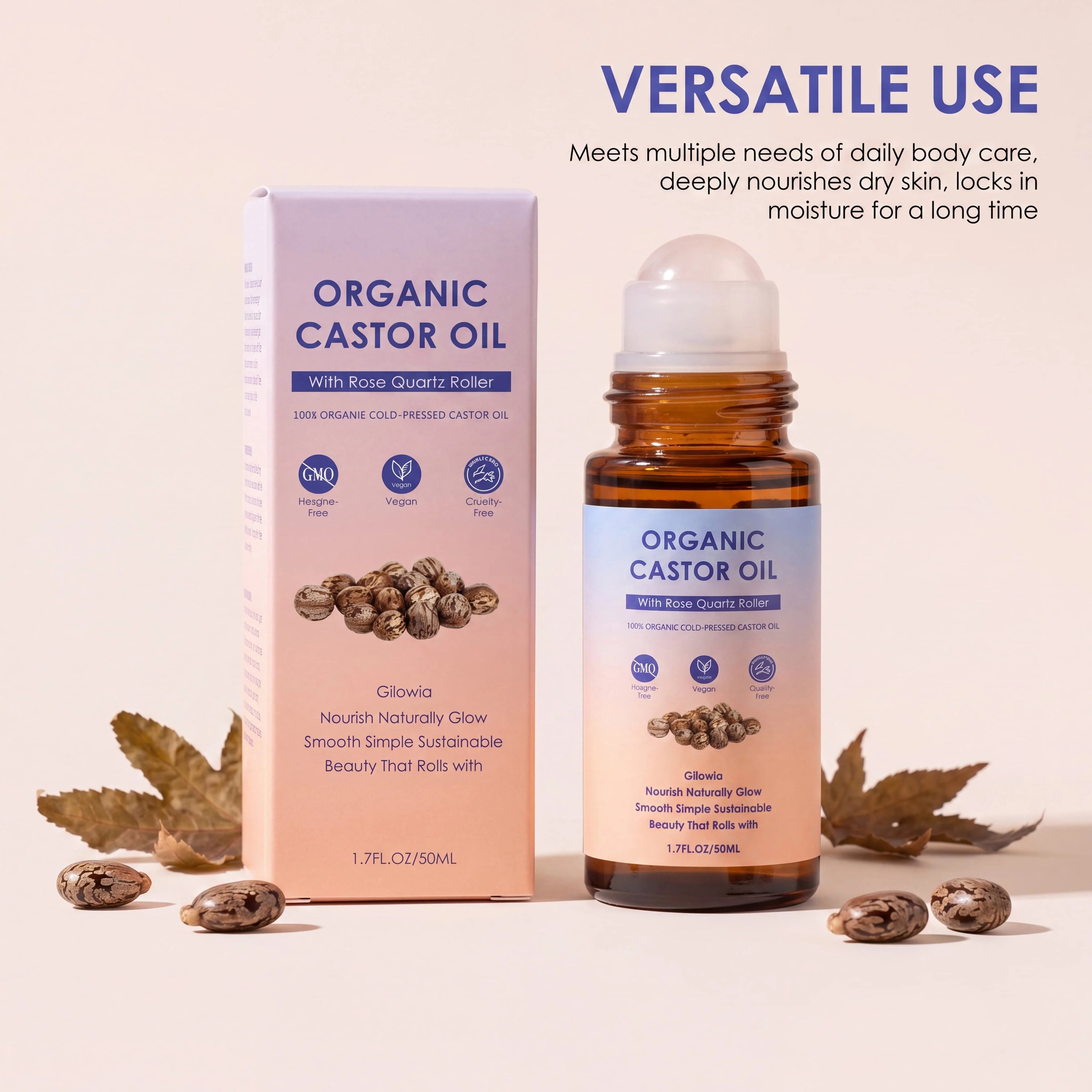 Organic Castor Oil Rose Quartz Roller Ball, 100% Pure Cold-Pressed Hexane-Free, for Body, Eyebrows & Skin Massage Care Oil Oasis Select