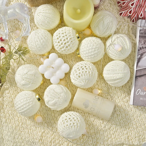 12-Piece White Knitted Yarn Christmas Ball Ornaments Set Christmas Ball Ornaments Oasis Select