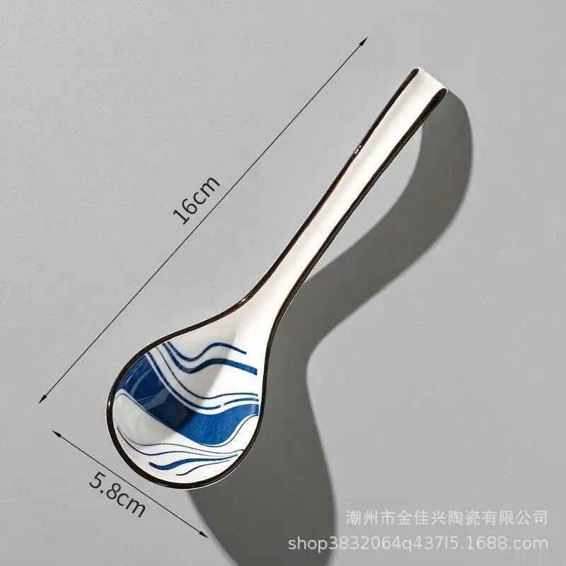 Japanese Blue And White Ceramic Spoon With Underglaze Decoration Soup And Noodle Serving Kitchen Cooking Utensil Oasis Select 24