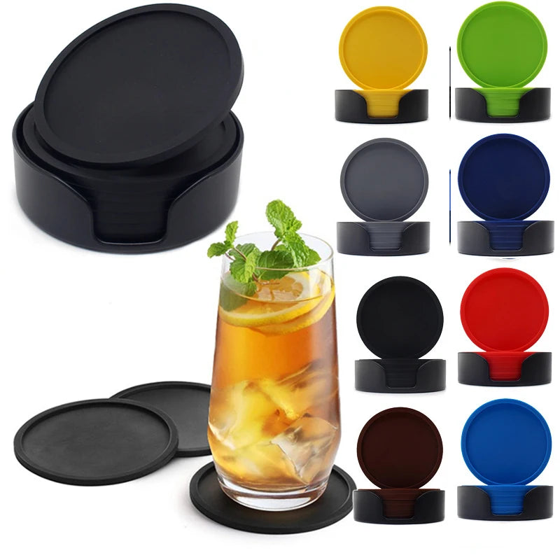 6pcs Non-slip Silicone Drinking Coaster Set Holder Cup Coaster Mat Set Round Coffeee Cup Mat Set Black Tabletop for Home Kitchen Oasis Select