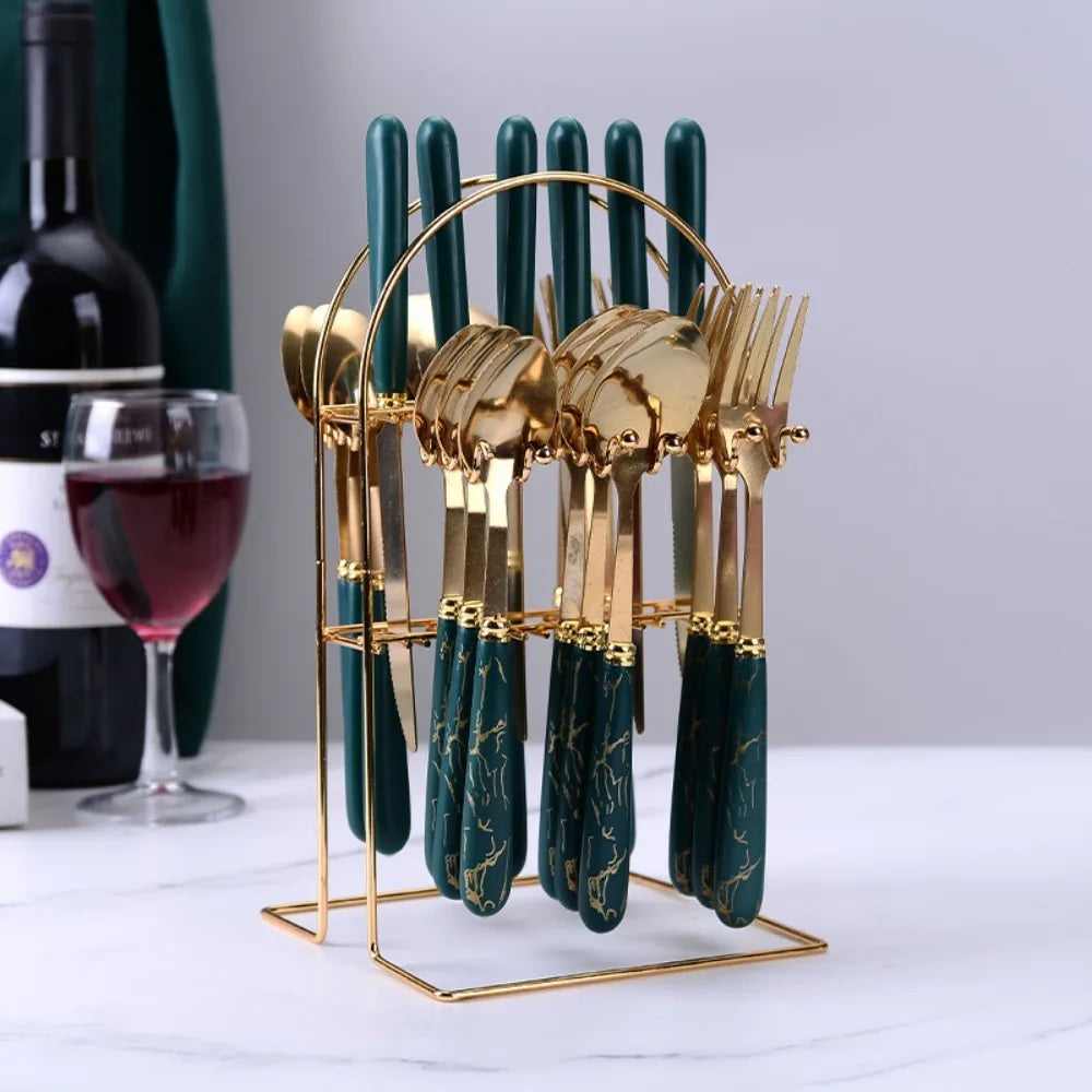 24-Piece Marbled Stainless Steel Cutlery Set with Storage Rack Cutlery Flatware Set Oasis Select Green