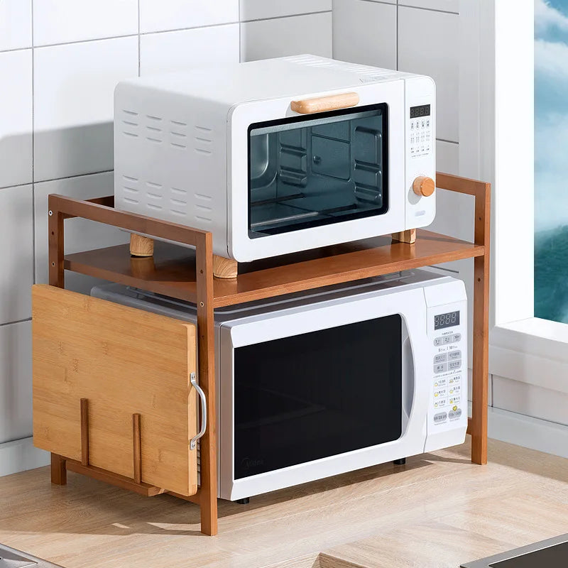 Kitchen Shelf Countertop Double Microwave Shelf Desktop Seasoning Oven Storage Rack Bamboo Solid Wood Oasis Select