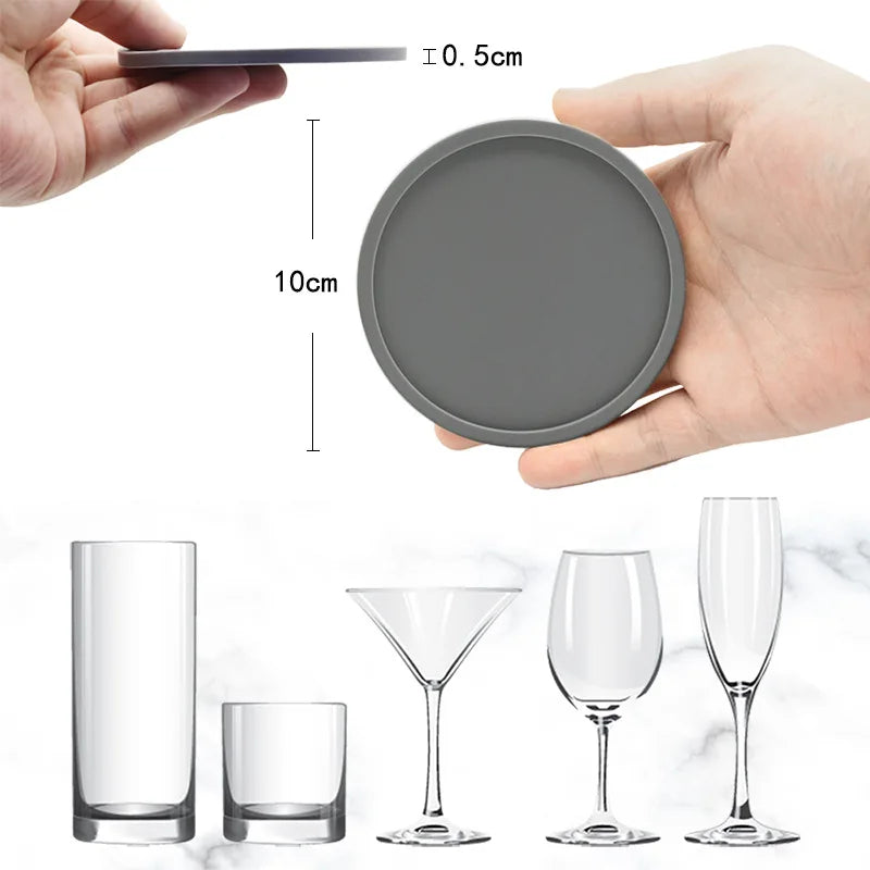 6pcs Non-slip Silicone Drinking Coaster Set Holder Cup Coaster Mat Set Round Coffeee Cup Mat Set Black Tabletop for Home Kitchen Oasis Select