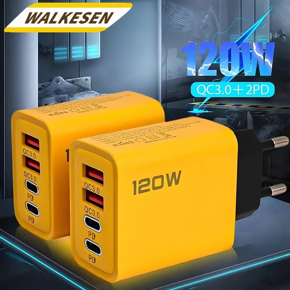 Total 120w Fast Charging Quick Charger PD USB Type-C Wall Adapter for iPhone 16/15/14 Xiaomi Huawei Redmi Oneplus Phone Charger Oasis Select Yellow EU YELLOW