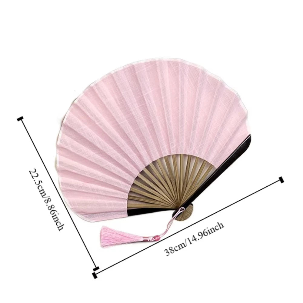 Japanese Style Retro Shell Shaped Fan Silk Cloth Bamboo Folding Fans with Pendant Wedding Hand Fans Solid Color Curved Fanbone Oasis Select