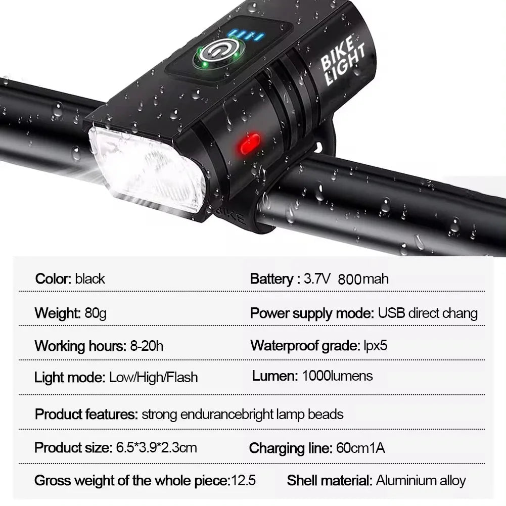 1000LM Bicycle Front Light Bright Bike Led Flashlight Lantern Rechargeable MTB Bike Rear Lamp for Cycling Headlight Christmas Oasis Select