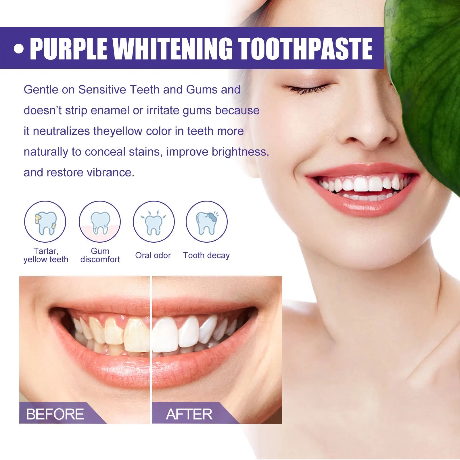 Purple Toothpaste Teeth Whitening Remove Yellow Stains Fights Tartar Fresh Breath Oral Hygiene Teeth Care Cleaning Toothpaste Oasis Select