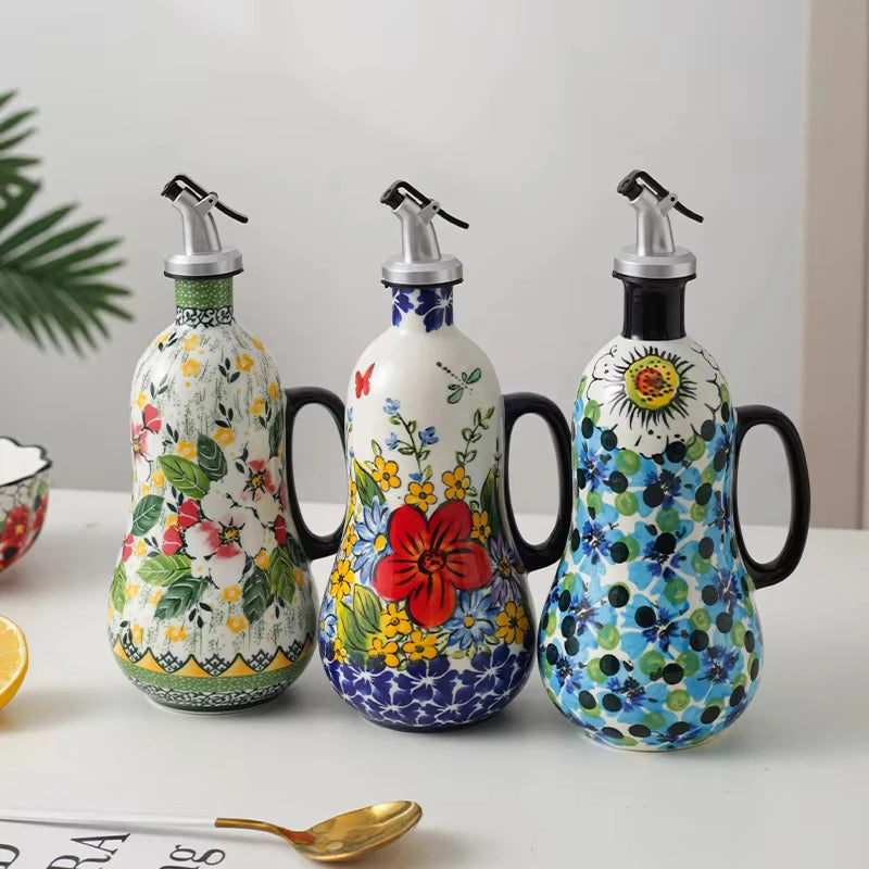 Flowers Plants Ceramic Olive Oil Bottle Soy Sauce Vinegar Multifunctional Kitchen Seasoning Drainage Bottle Kitchen Accessories Oasis Select