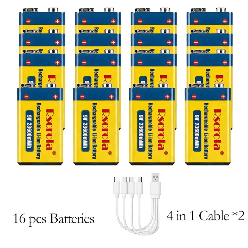 Premium 9V 23600mWh Rechargeable Li-ion Cell 6F22 PP3 USB Fast Charging Stable Power Battery for Guitar Mic Smoke Detector Pedal Oasis Select 16 PCS Batteries
