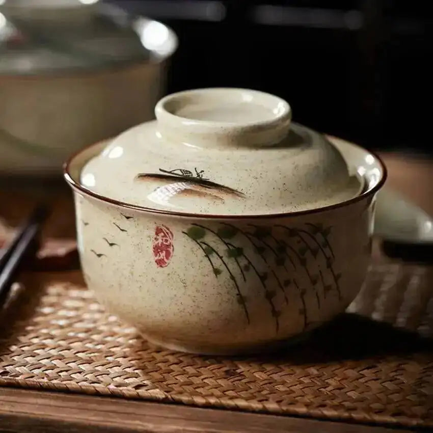 Japanese Instant Ramen Bowl With Lid Retro Ceramic Large Capacity Noodle Salad Soup Bowls Household KitchenTableware Supplies Oasis Select