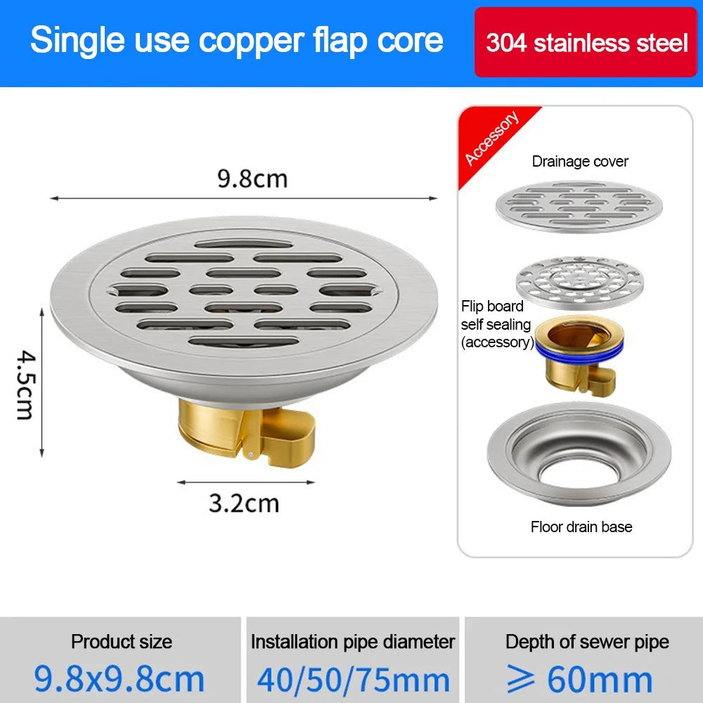 With Grid Grate Cover Shower Floor Drain 304 Stainless Steel Round Sink Strainer Anti-odor Backflow Preventer Sewer Drain Filter Oasis Select Type1-copper core