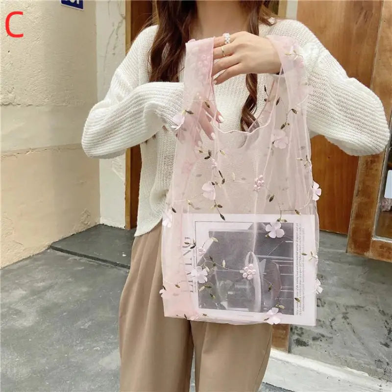 Mesh Embroidered Tote Bag with Colorful Flowers Perfect for Travel Home and Grocery Use Oasis Select C