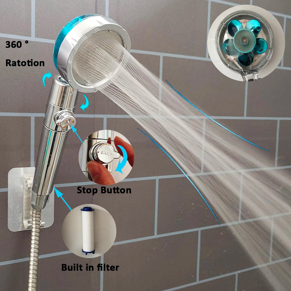 Filtered Turbo Propeller Bathroom Shower Head High Pressure Water Saving Stop Button Showerhead Water Pressure Adjustable Shower Oasis Select
