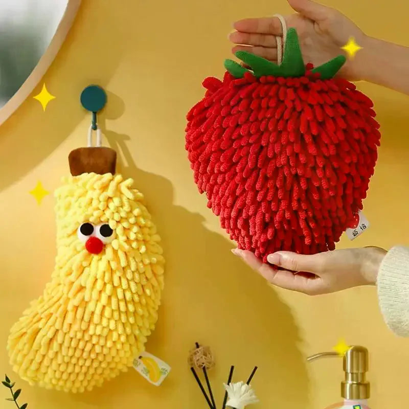 Banana & Strawberry Shaped Hand Towel Soft Absorbent Chenille Hanging Washcloth for Kitchen And Bathroom Oasis Select