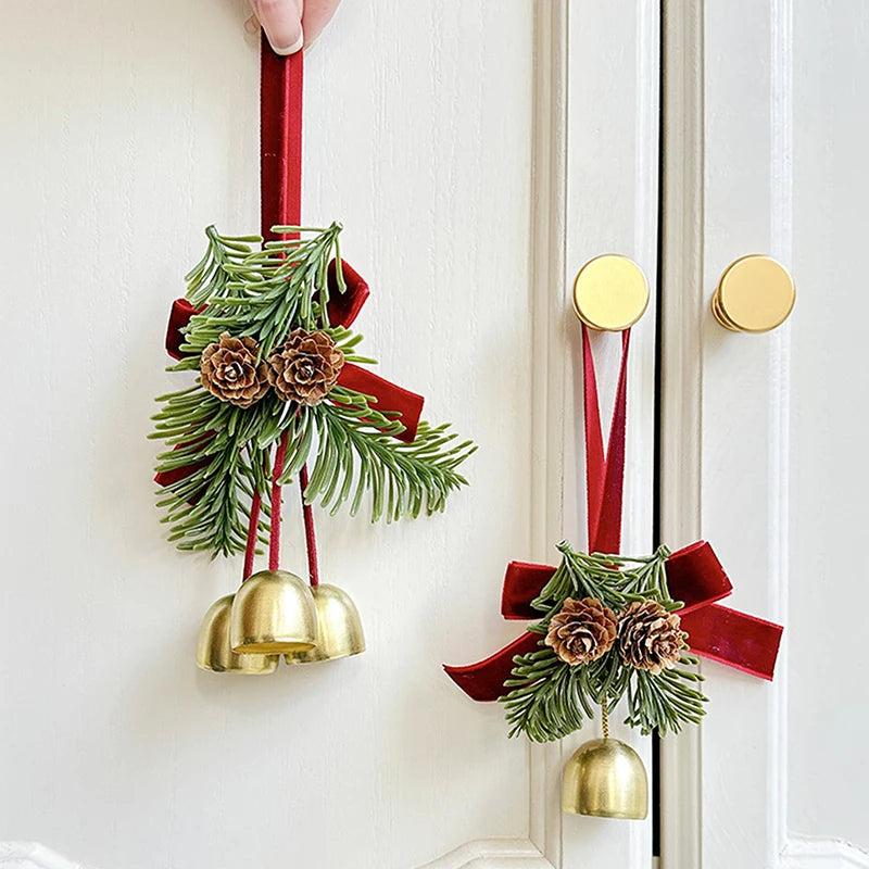 Christmas Jingle Bell Door Hanger – Velvet Bow & Pine Cone Ornament
