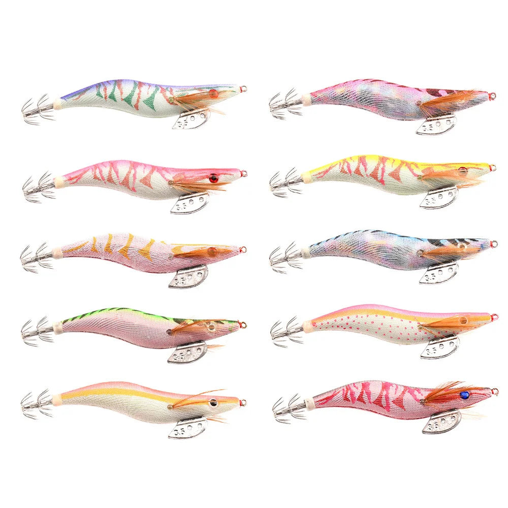 Luminous Squid Bait Set 13.5cm/21.5g Wooden Shrimp Bag with Squid Needle Lure Sea Fishing Jig 3.5# for Ocean Fishing Oasis Select