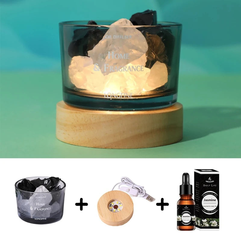 USB Essential Oil Diffuser with Natural Crystal Rocks, LED Passive Diffuser with Healing Crystals, Fragrant Incense Decor Lamp Oasis Select jasmine 10ml