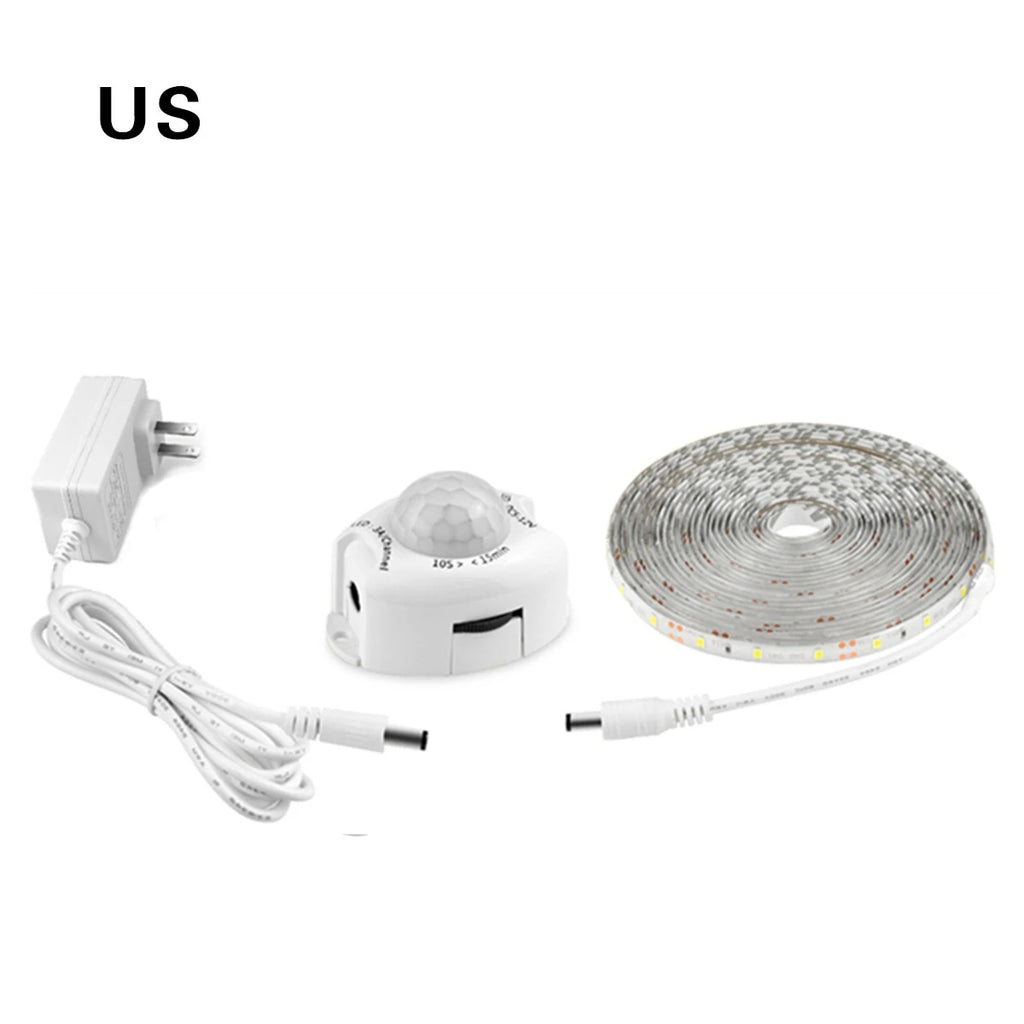1-5m PIR Motion Sensor LED Strip Lights DC 12V Diode Tape Waterproof Auto On/Off Stairs Wardrobe Closet Kitchen Backlight Light Oasis Select 1 set With US plug Wihte 1m